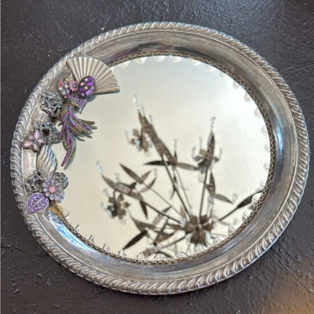 Vintage whimsical fairy Silver and Purple Peacock Decorative Mirror